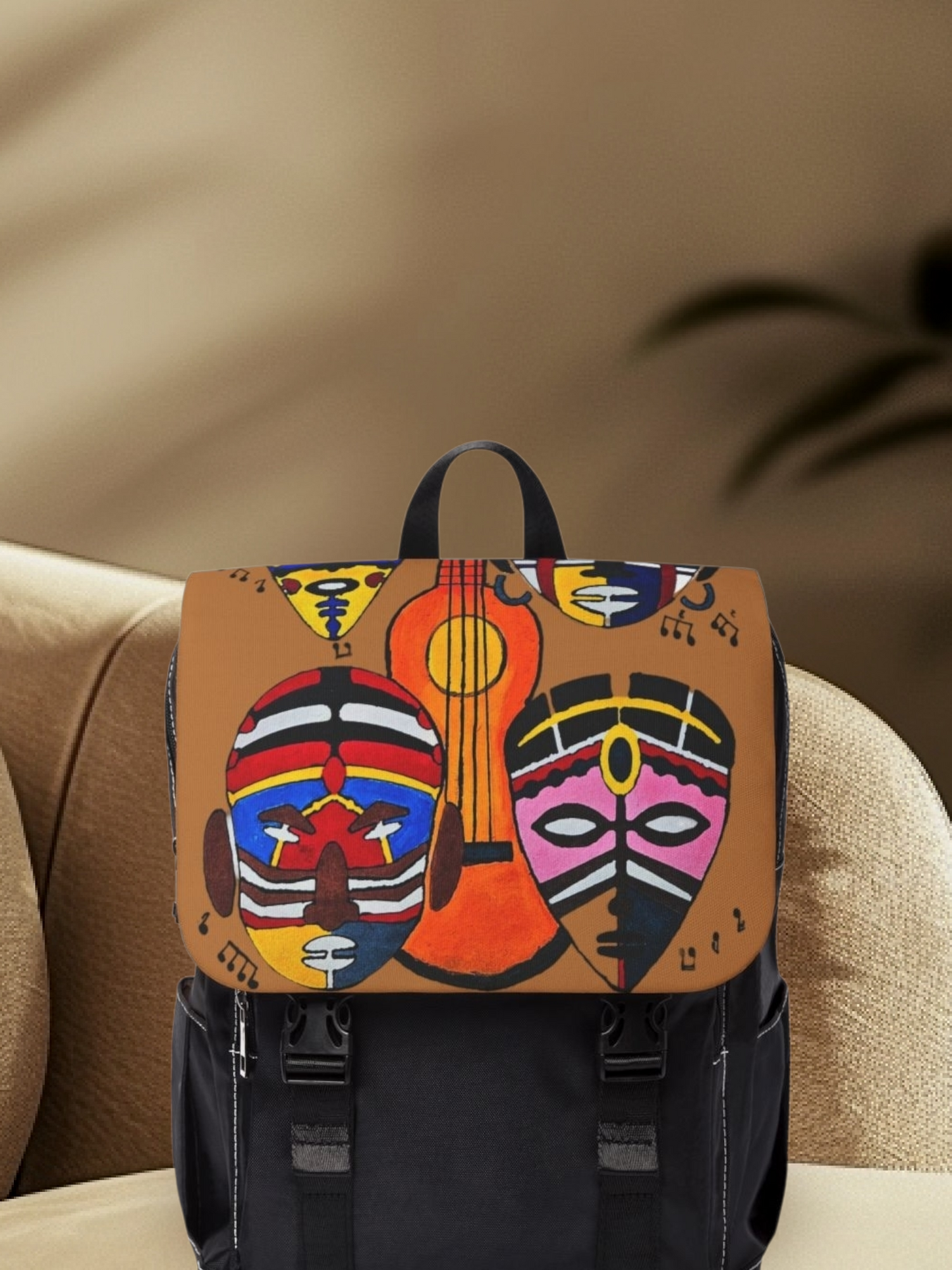 Afro Music Guitar Cartoon Backpack, Handcrafted Unisex Shoulder Bag, School Book Bag