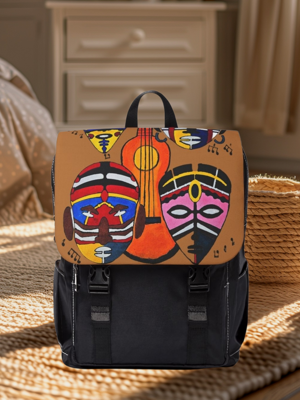 Afro Music Guitar Cartoon Backpack, Handcrafted Unisex Shoulder Bag, School Book Bag Printify