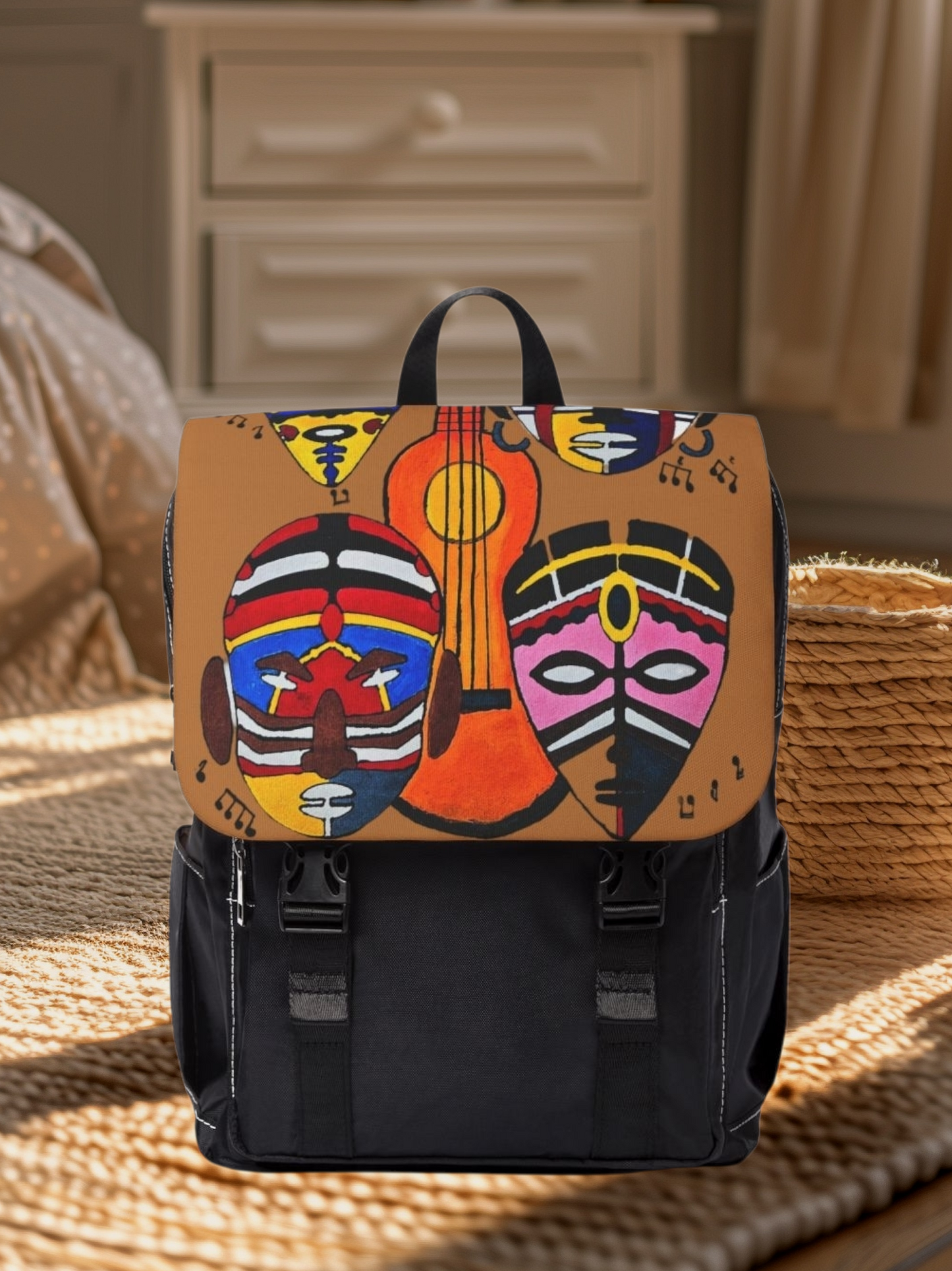Afro Music Guitar Cartoon Backpack, Handcrafted Unisex Shoulder Bag, School Book Bag