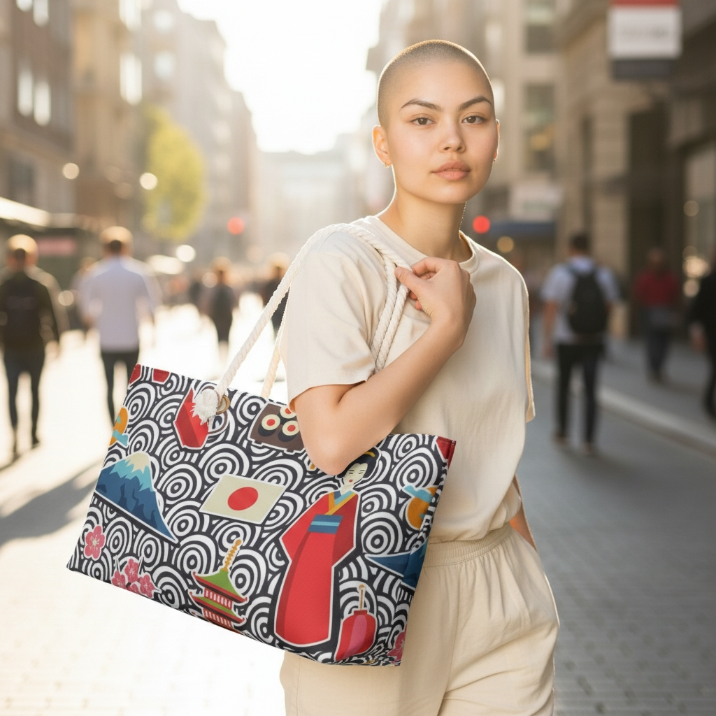 Japanese Travel Weekender Bag, Geisha, Mount Fuji & Sakura Pattern