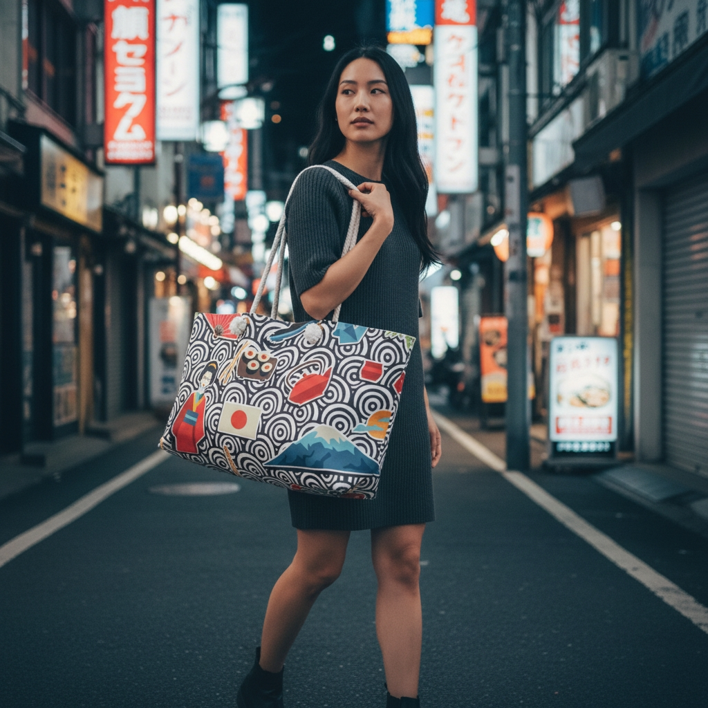 Japanese Travel Weekender Bag, Geisha, Mount Fuji & Sakura Pattern