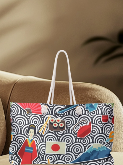 Japanese Travel Weekender Bag, Geisha, Mount Fuji & Sakura Pattern