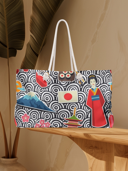 Japanese Travel Weekender Bag, Geisha, Mount Fuji & Sakura Pattern