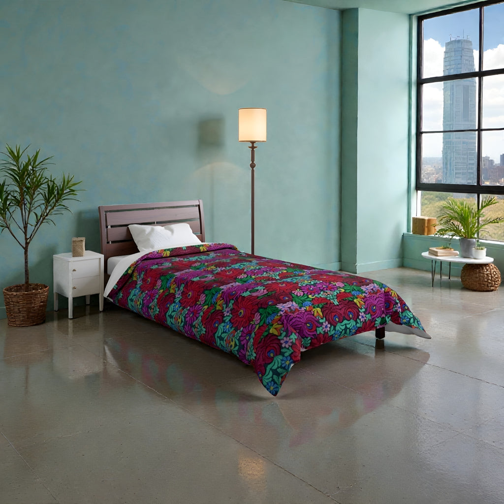 Floral Bohemian Comforter — Vibrant Red & Teal Patterned Bedding Printify