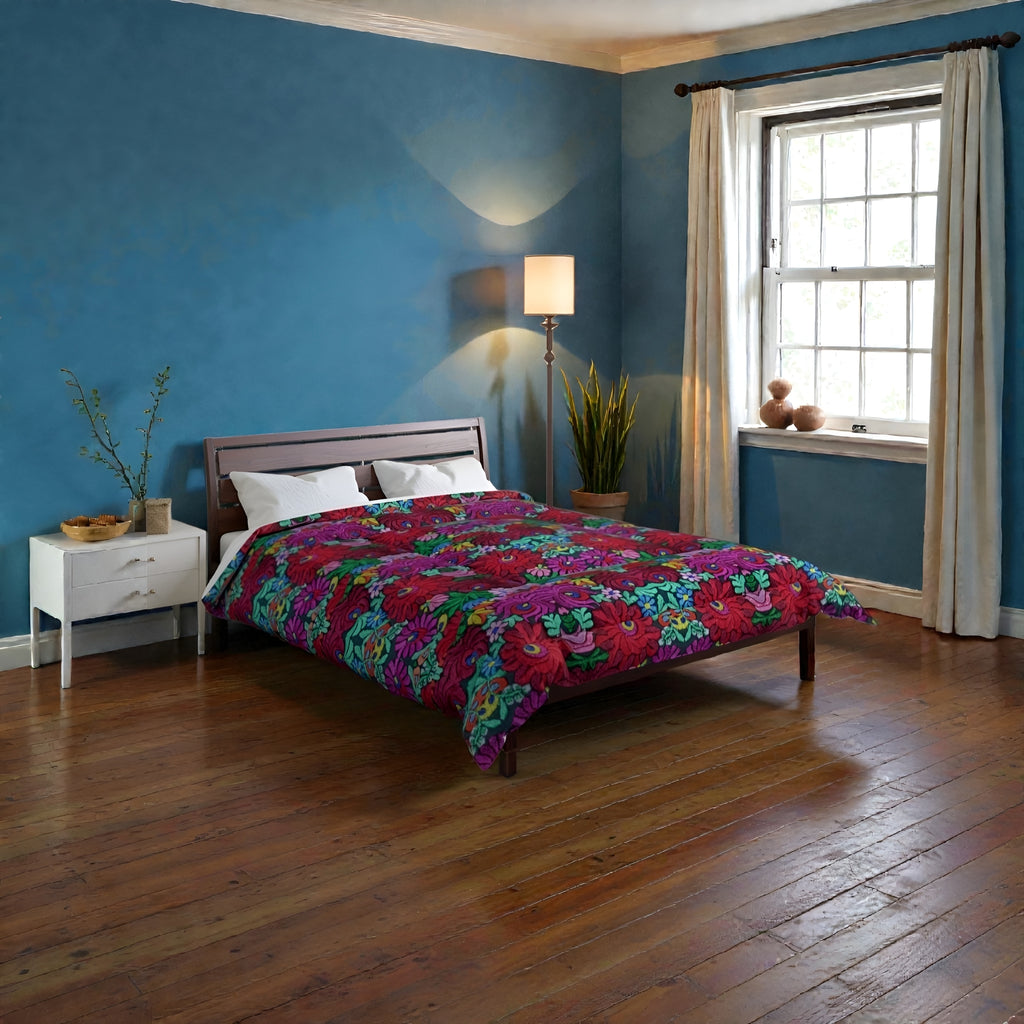 Floral Bohemian Comforter — Vibrant Red & Teal Patterned Bedding Printify