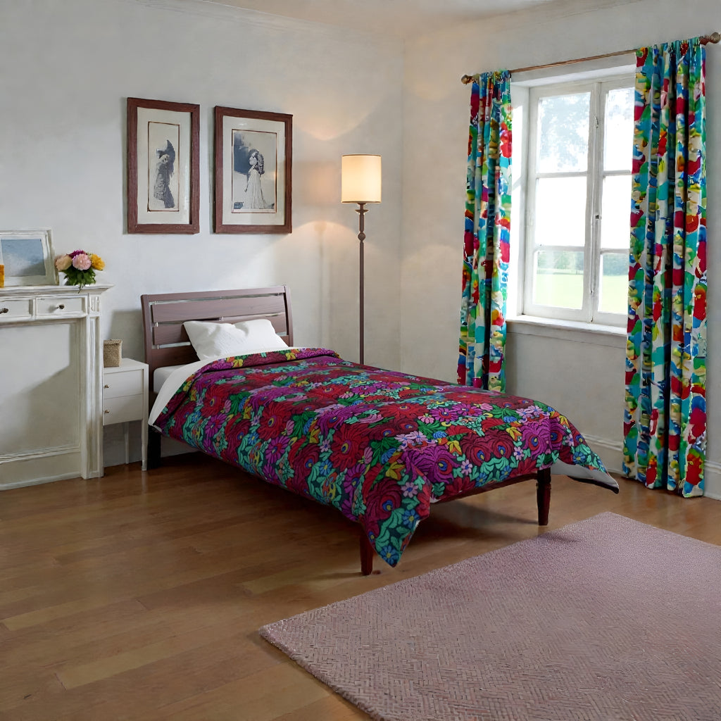 Floral Bohemian Comforter — Vibrant Red & Teal Patterned Bedding Printify