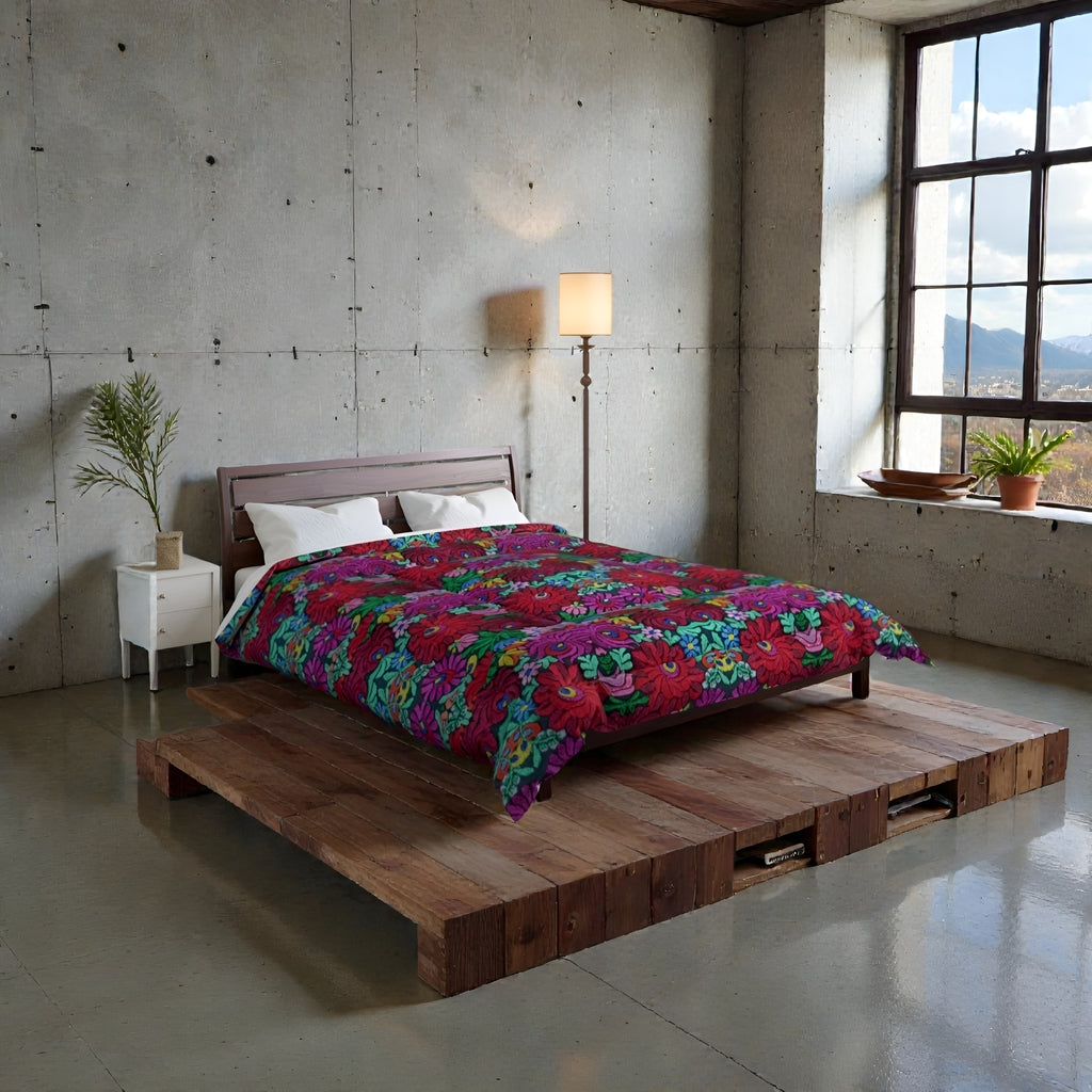 Floral Bohemian Comforter — Vibrant Red & Teal Patterned Bedding Printify