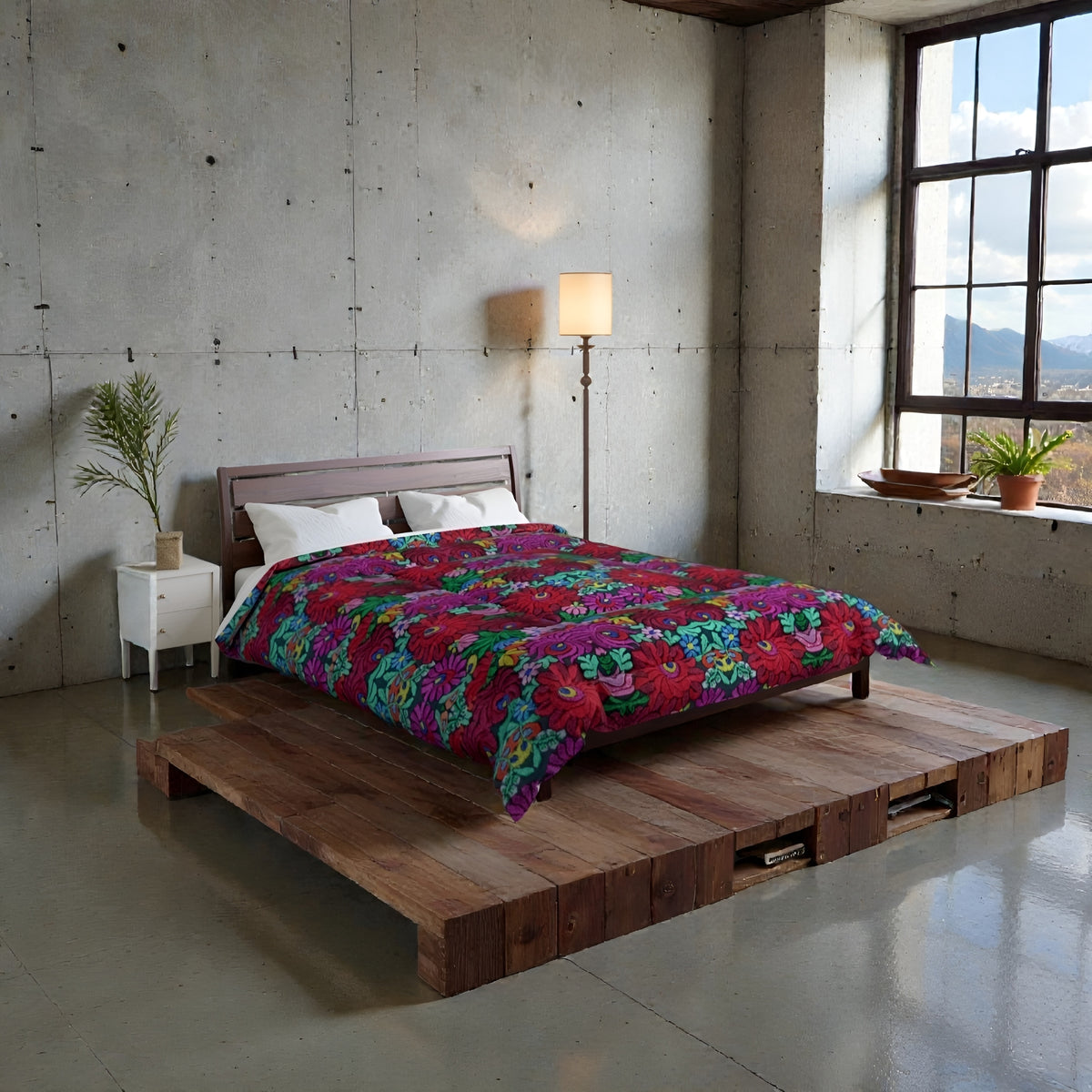 Floral Bohemian Comforter — Vibrant Red & Teal Patterned Bedding Printify