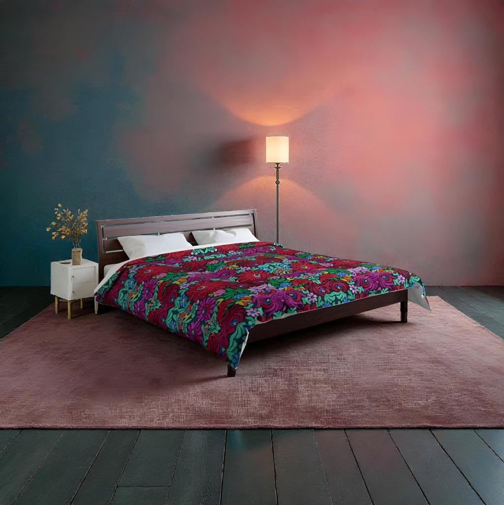 Floral Bohemian Comforter — Vibrant Red & Teal Patterned Bedding Printify