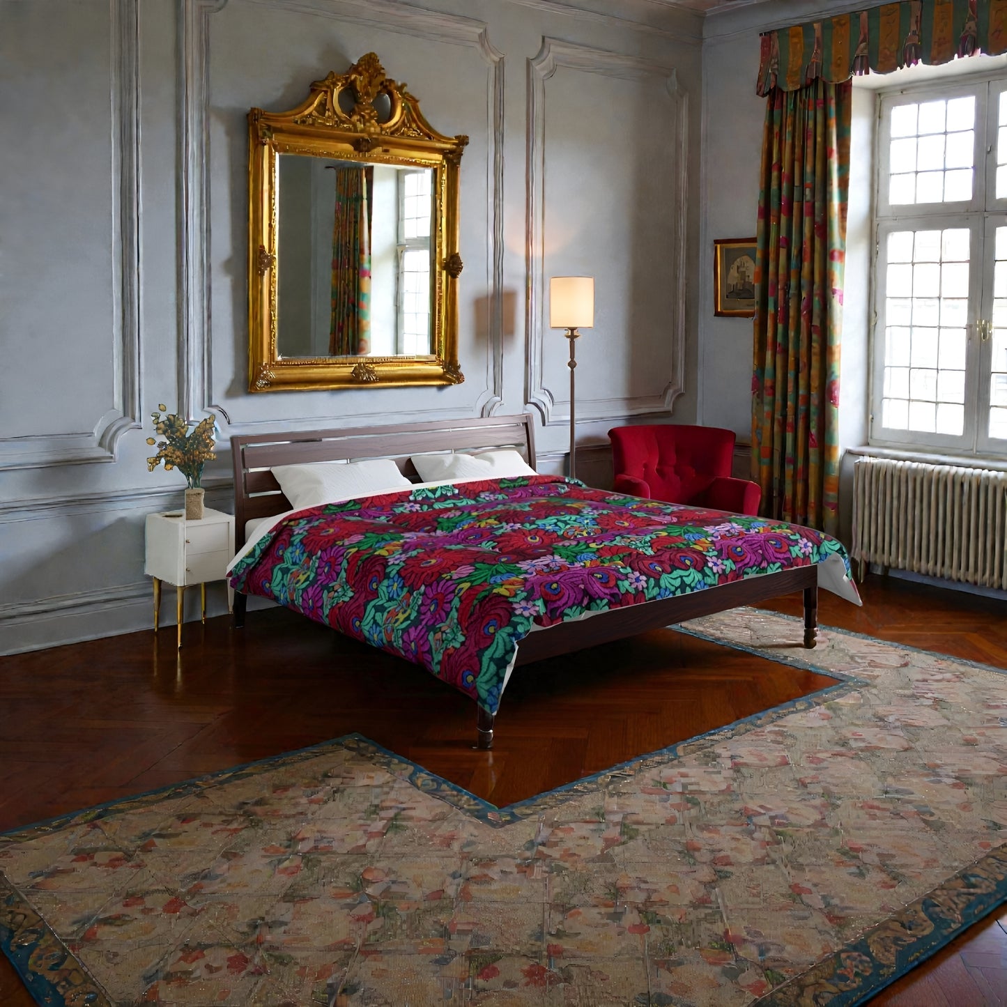 Floral Bohemian Comforter — Vibrant Red & Teal Patterned Bedding