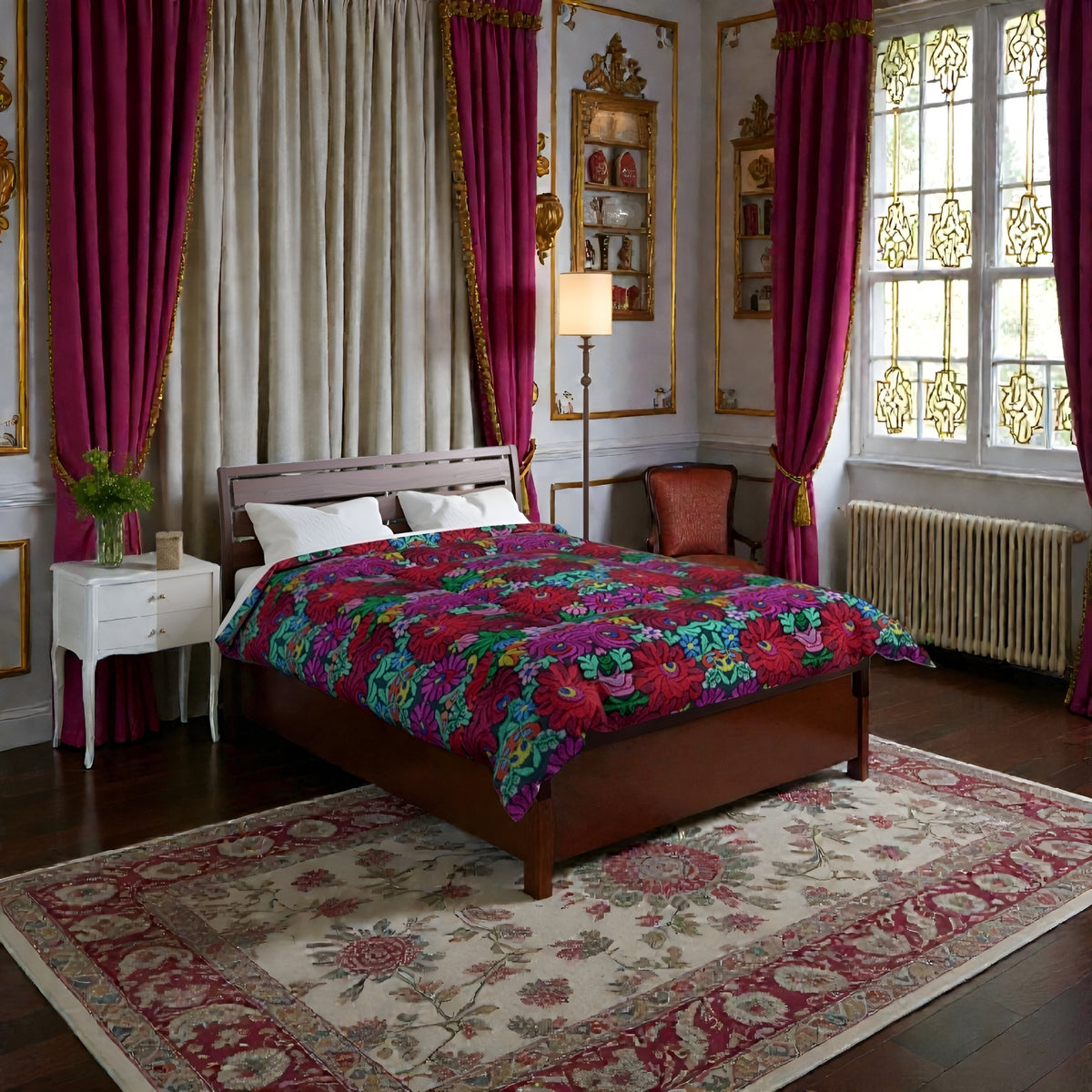 Floral Bohemian Comforter — Vibrant Red & Teal Patterned Bedding Printify