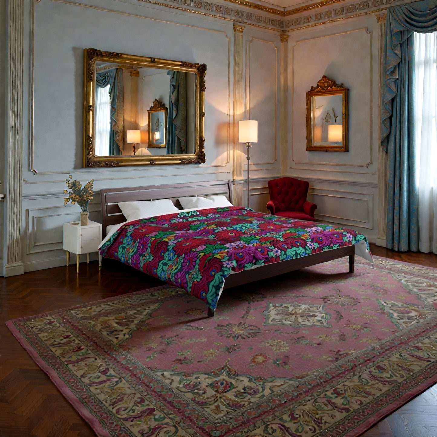 Floral Bohemian Comforter — Vibrant Red & Teal Patterned Bedding