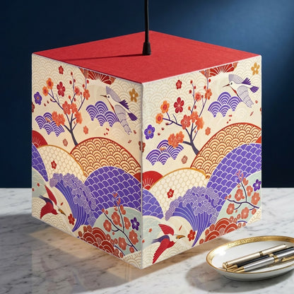 Japanese Wave & Crane Light Cube Lamp — Floral Origami Pattern Ambient Pendant