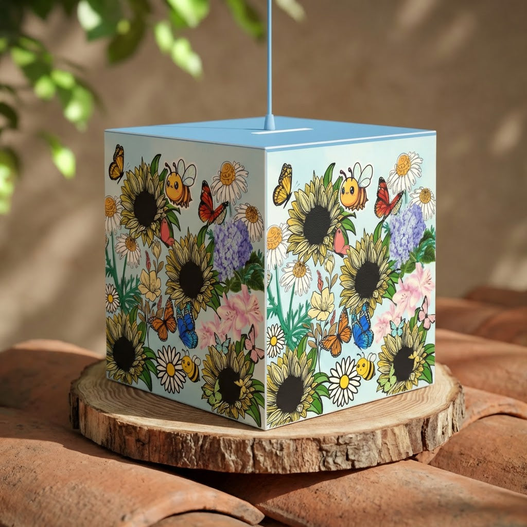 Sunflower Meadow Light Cube Lamp — Floral Bee & Butterfly Hanging Nightlight