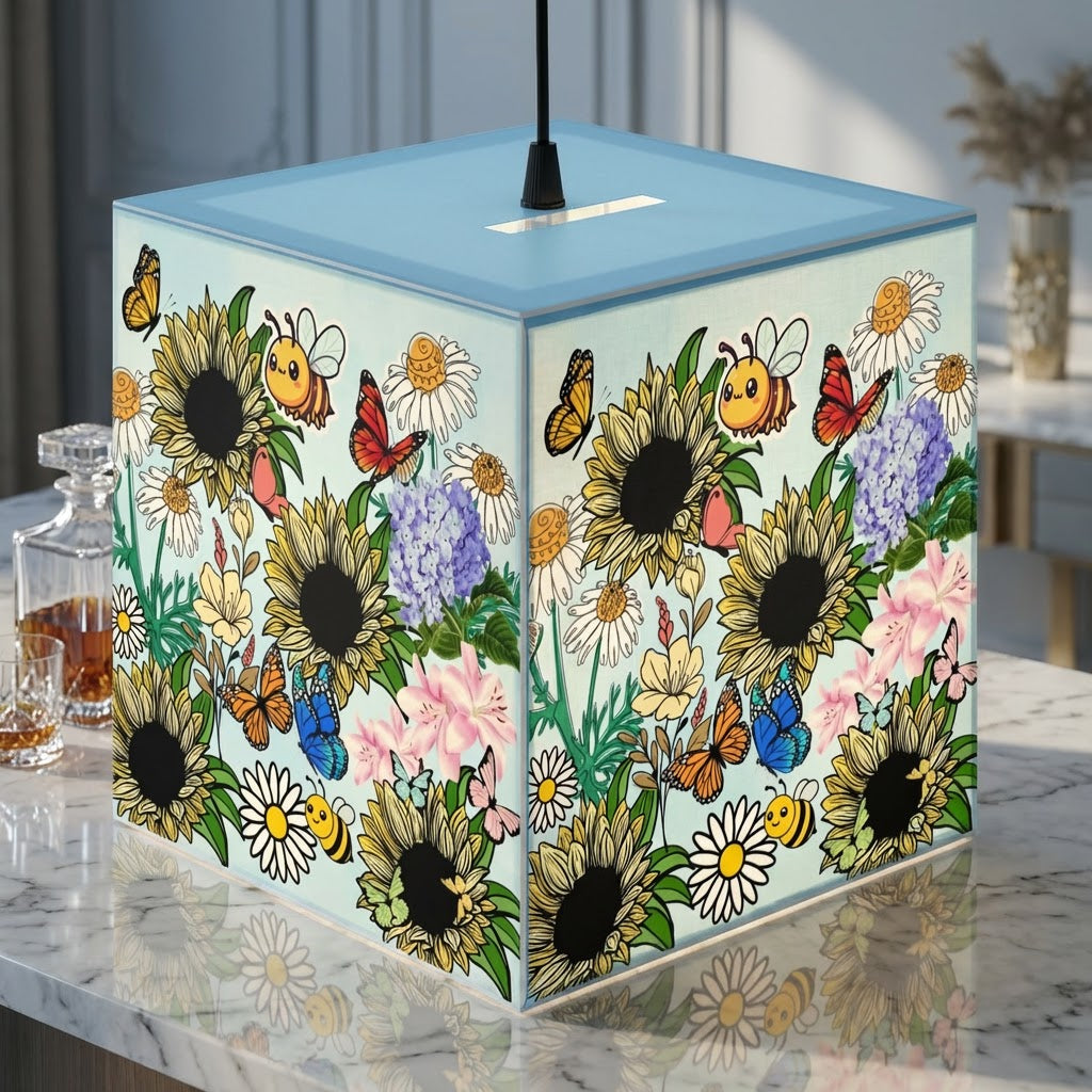 Sunflower Meadow Light Cube Lamp — Floral Bee & Butterfly Hanging Nightlight