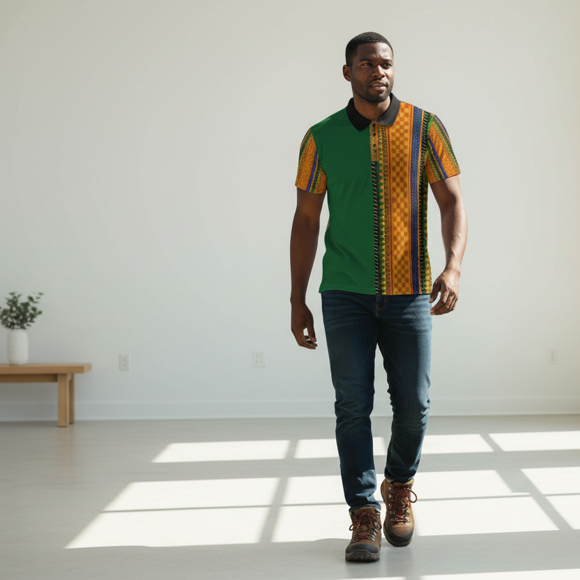 African Kente Stripe Polo Shirt — Vibrant Cultural Print Golf Polo