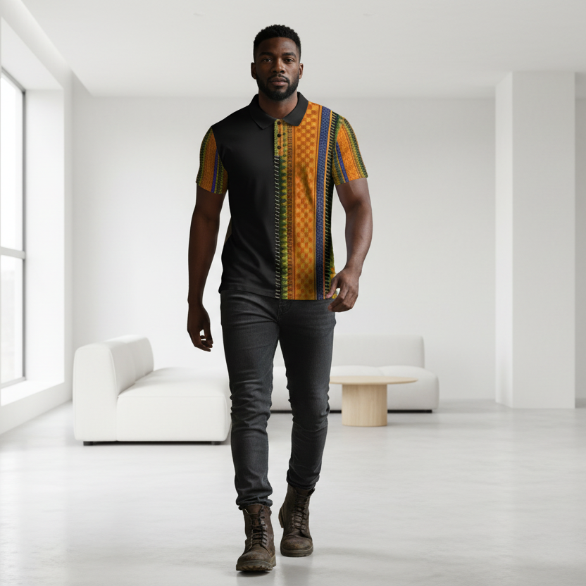 African Kente Stripe Polo Shirt — Vibrant Cultural Print Golf Polo