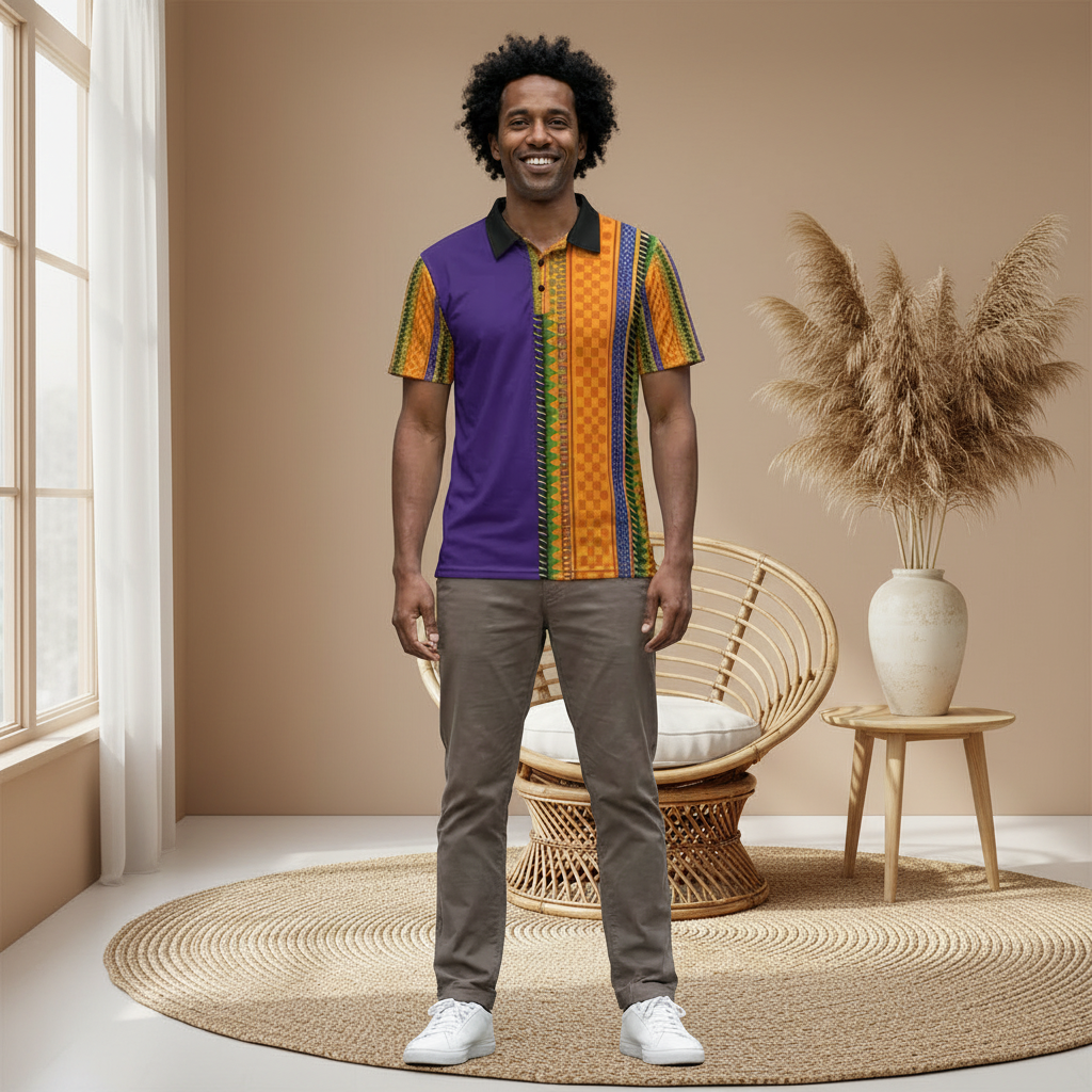 African Kente Stripe Polo Shirt — Vibrant Cultural Print Golf Polo