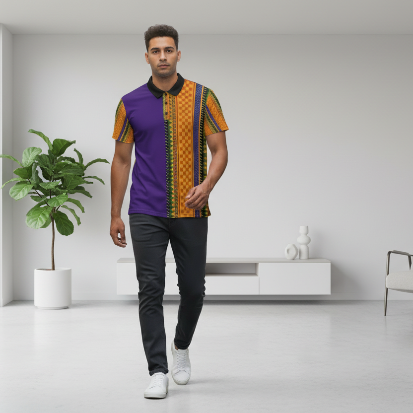African Kente Stripe Polo Shirt — Vibrant Cultural Print Golf Polo
