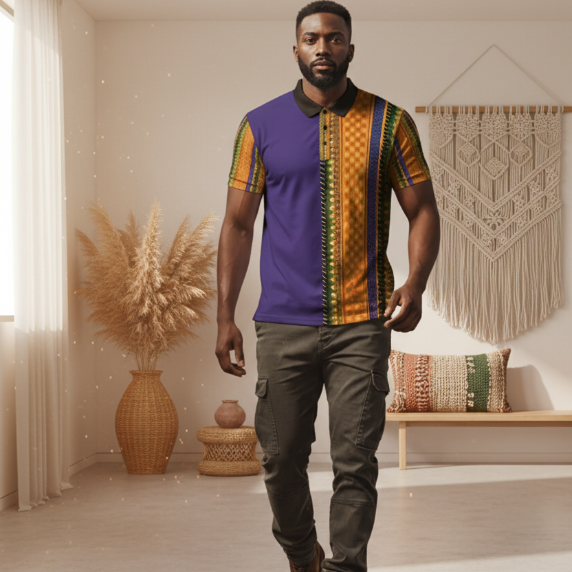 African Kente Stripe Polo Shirt — Vibrant Cultural Print Golf Polo