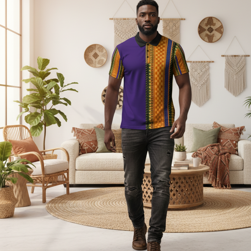 African Kente Stripe Polo Shirt — Vibrant Cultural Print Golf Polo