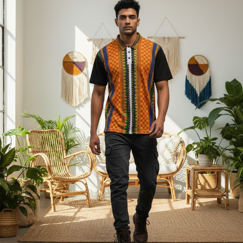 African Kente Stripe Polo Shirt — Vibrant Cultural Print Golf Polo