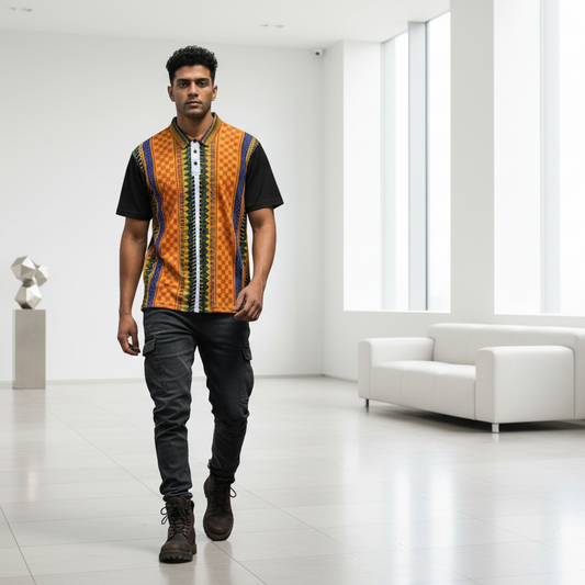 African Kente Stripe Polo Shirt — Vibrant Cultural Print Golf Polo