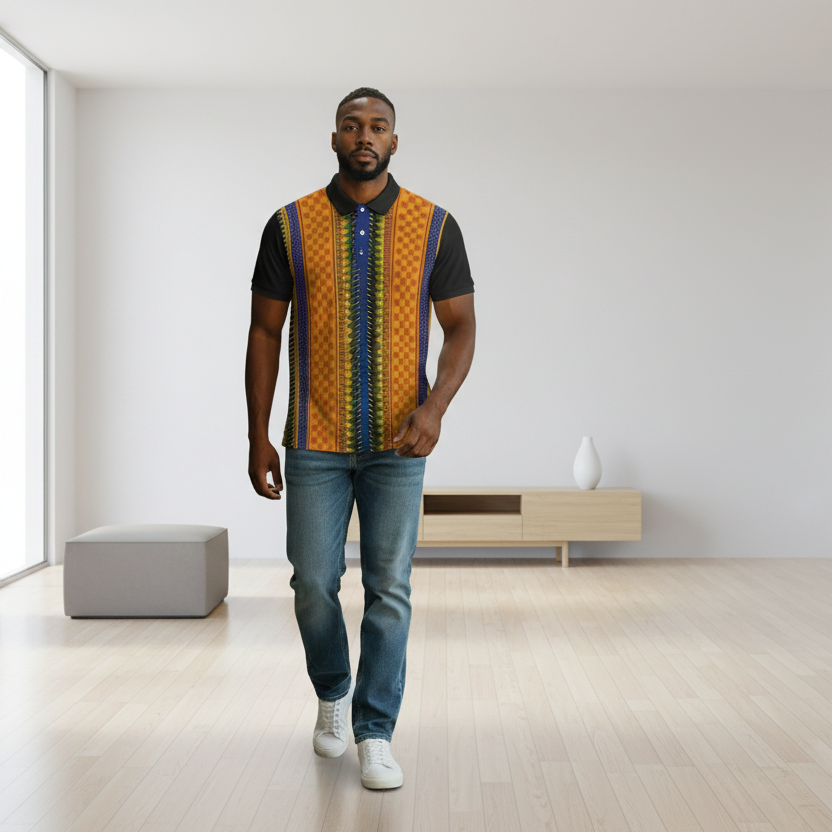 African Kente Stripe Polo Shirt — Vibrant Cultural Print Golf Polo