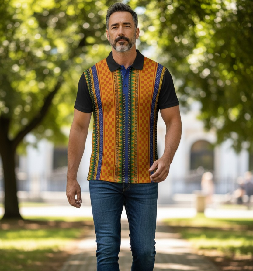 African Kente Stripe Polo Shirt — Vibrant Cultural Print Golf Polo