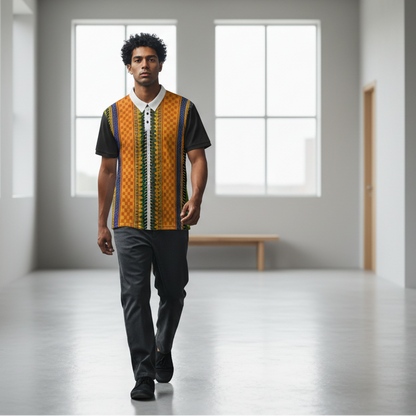 African Kente Stripe Polo Shirt — Vibrant Cultural Print Golf Polo