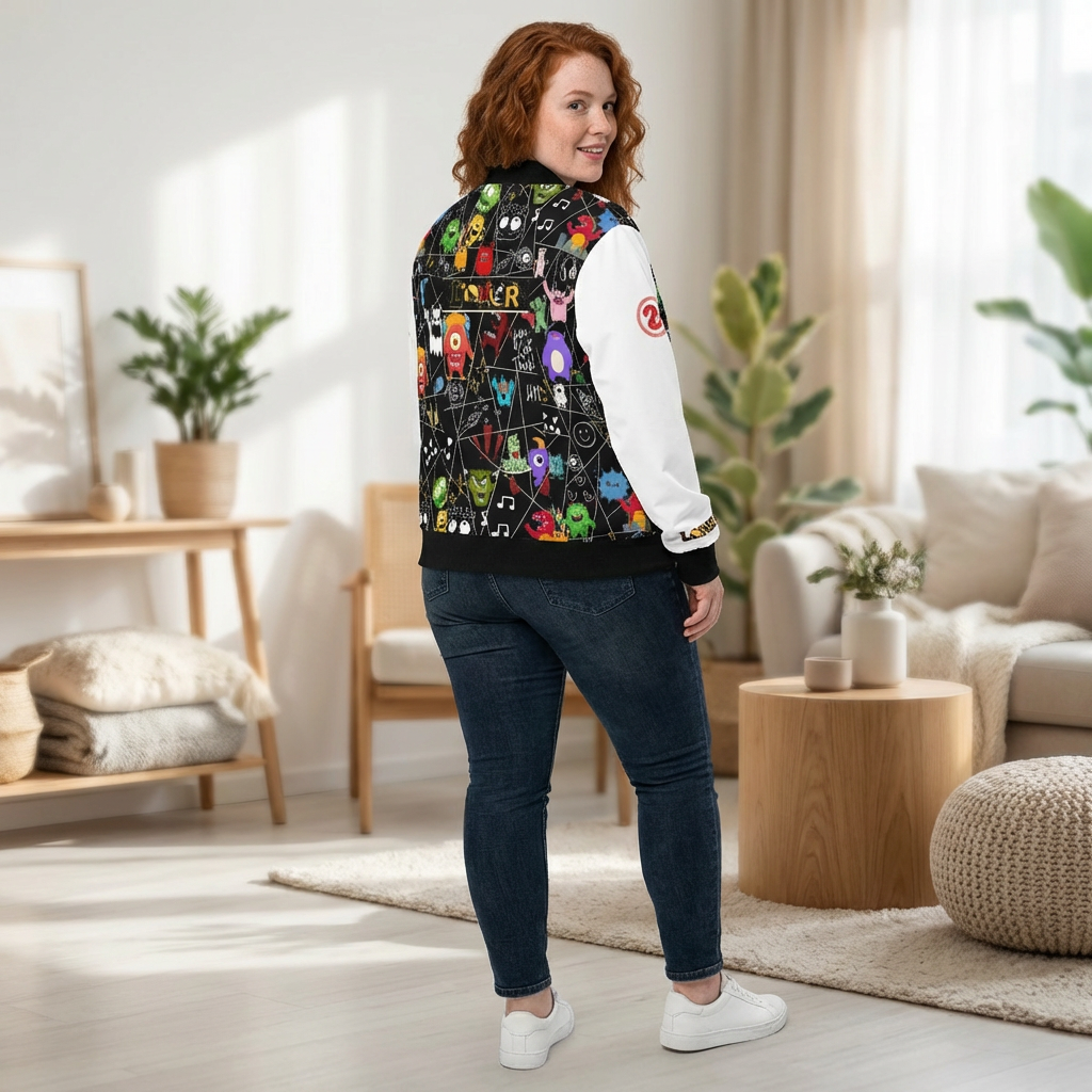 Women's Monster Pattern Bomber Jacket — Colorful Cartoon Creatures Printify