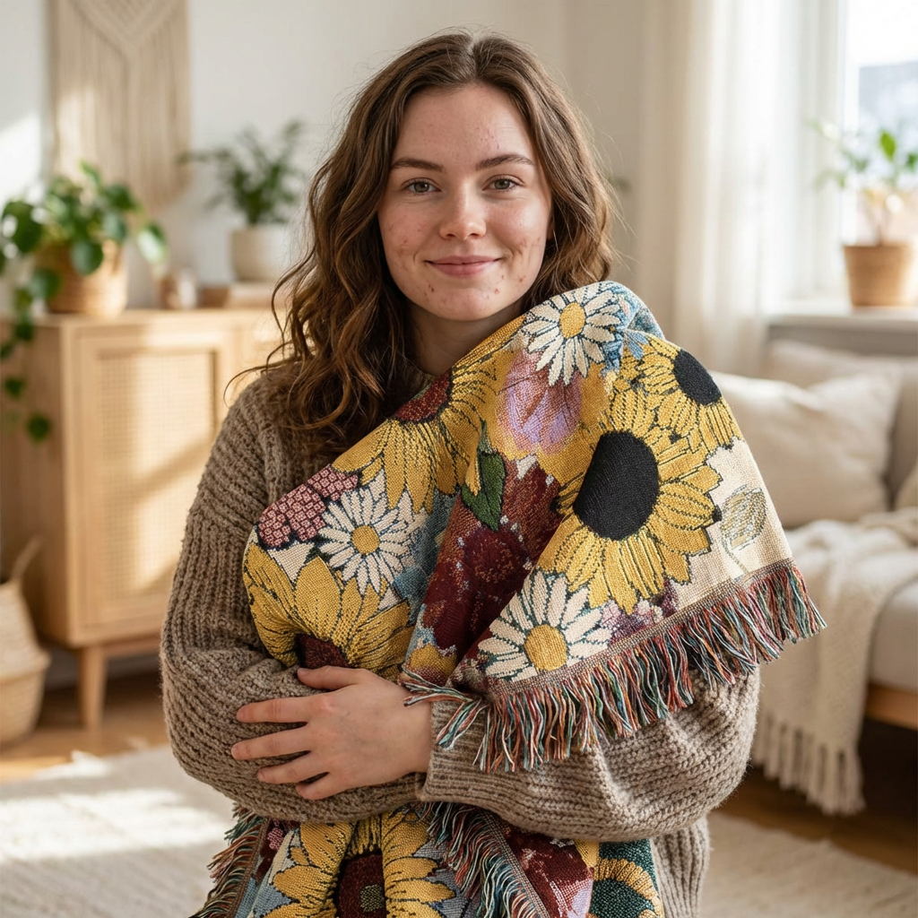 Sunflower Woven Throw Blanket — Cozy Floral Tapestry for Living Room & Gift