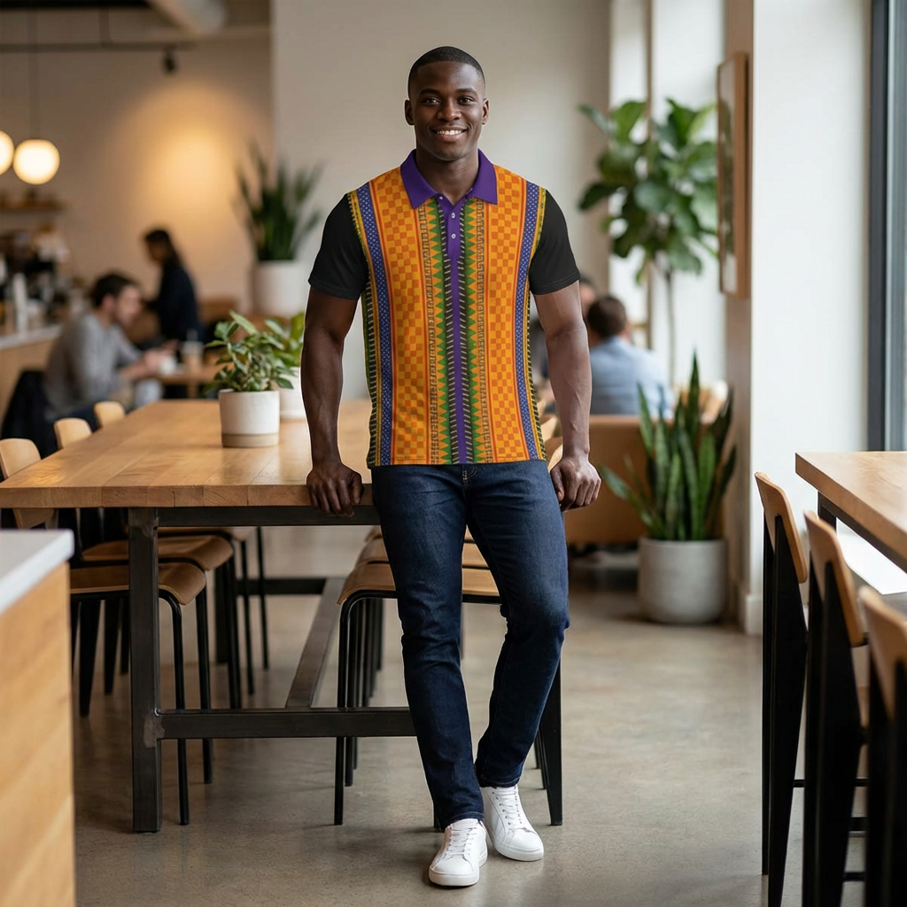 African Kente Stripe Polo Shirt — Vibrant Cultural Print Golf Polo