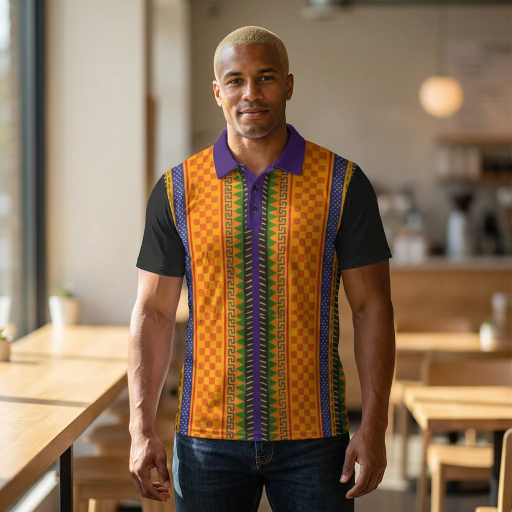 African Kente Stripe Polo Shirt — Vibrant Cultural Print Golf Polo