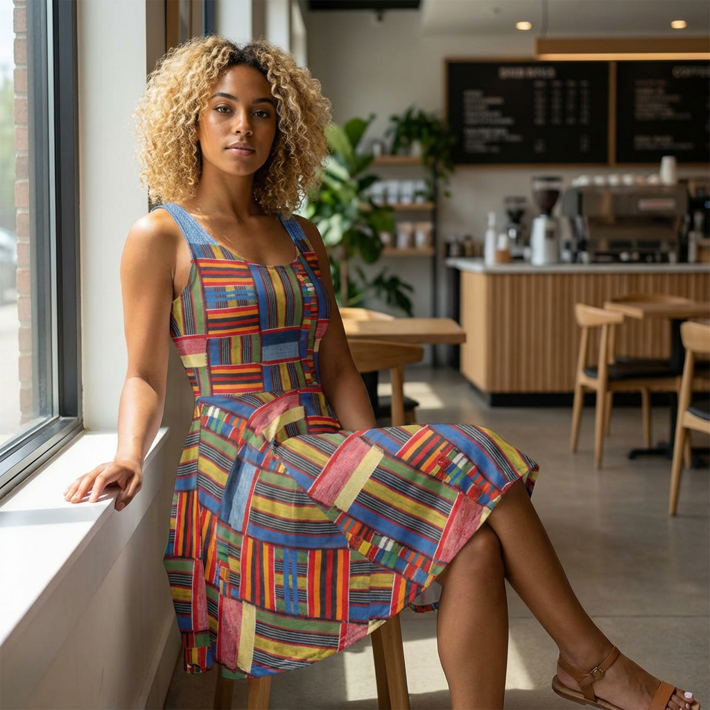 Womens Skater Dress — Colorful Geometric Patchwork Print Printify