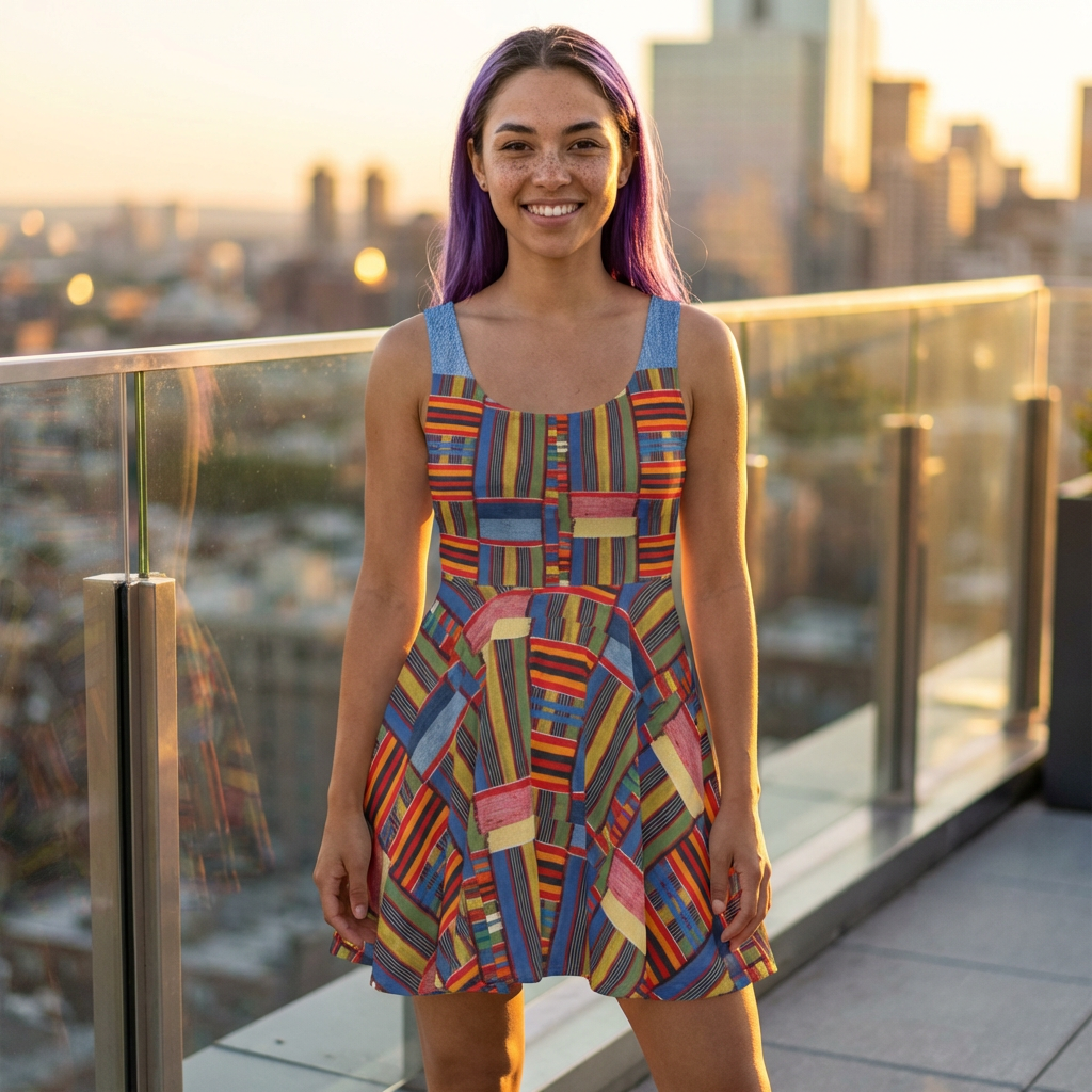 Womens Skater Dress — Colorful Geometric Patchwork Print Printify