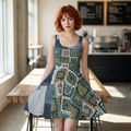 Crochet Patchwork Inspired Skater Dress - Retro Granny Square and DENIM Print Printify