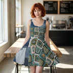 Crochet Patchwork Inspired Skater Dress - Retro Granny Square and DENIM Print Printify