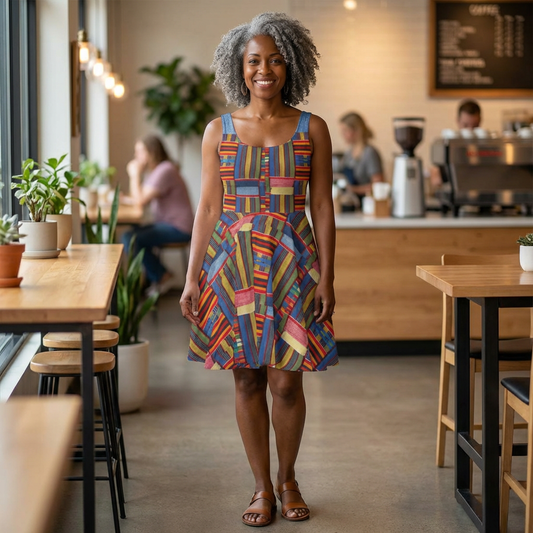 Womens Skater Dress — Colorful Geometric Patchwork Print