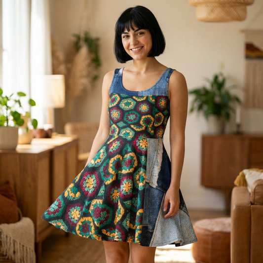 Crochet Hexagon Pattern Print Skater Dress — Retro Boho Floral Inspired