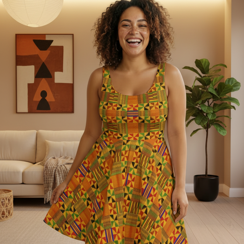 Kente Print Women's Skater Dress - African-Inspired Vibrant Pattern Printify