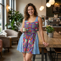Colorful Patchwork Skater Dress — Geometric Top & Denim Patch Print Printify
