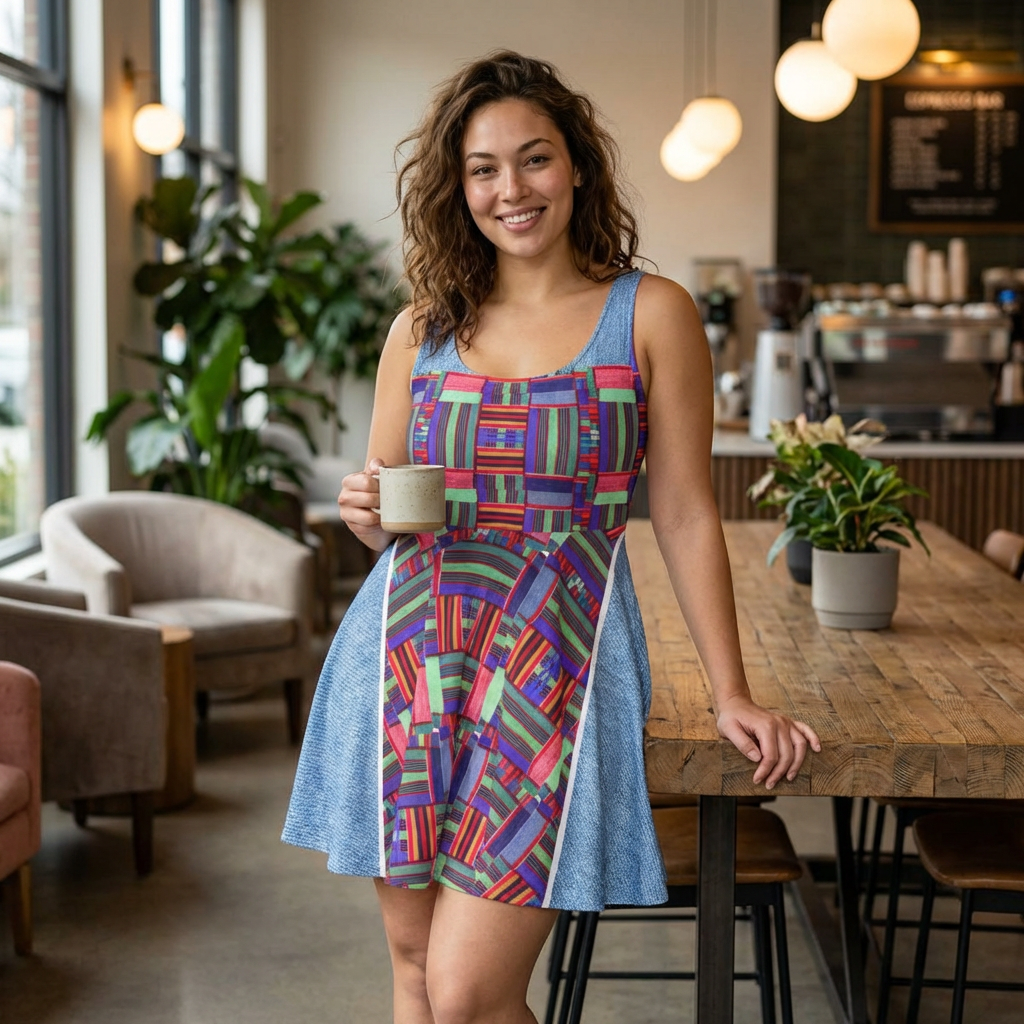 Colorful Patchwork Skater Dress — Geometric Top & Denim Patch Print