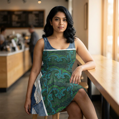 Skater Dress — Green Paisley Denim Panel All-Over Print