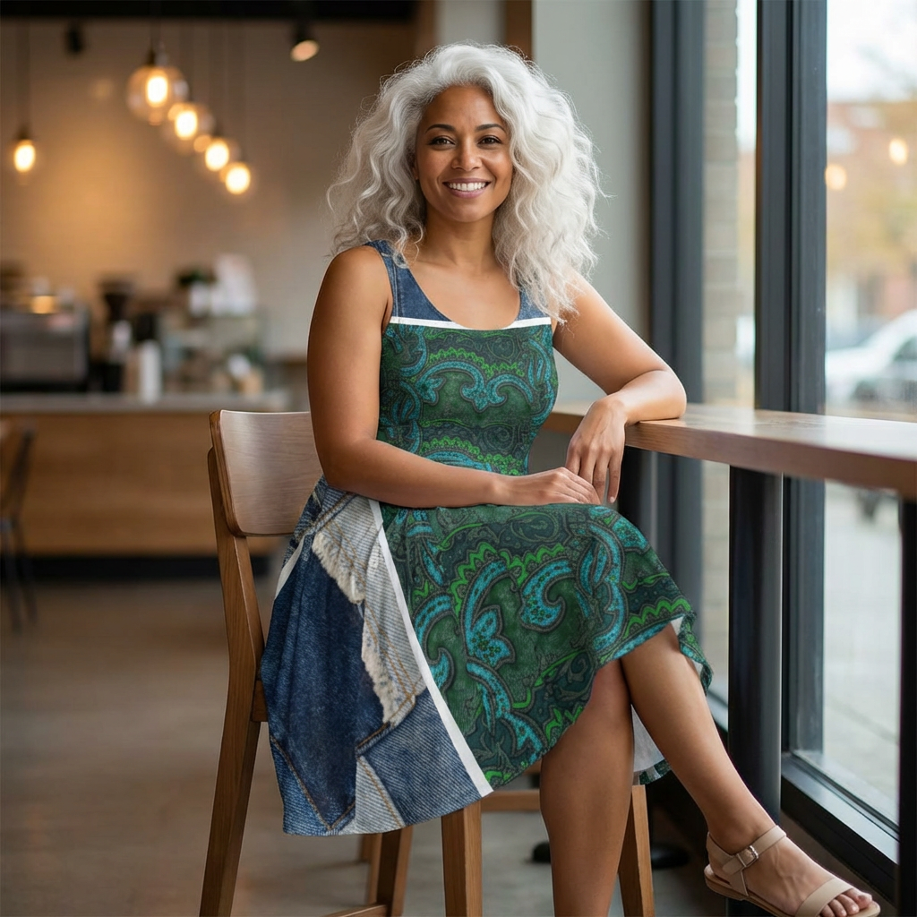 Skater Dress — Green Paisley Denim Panel All-Over Print