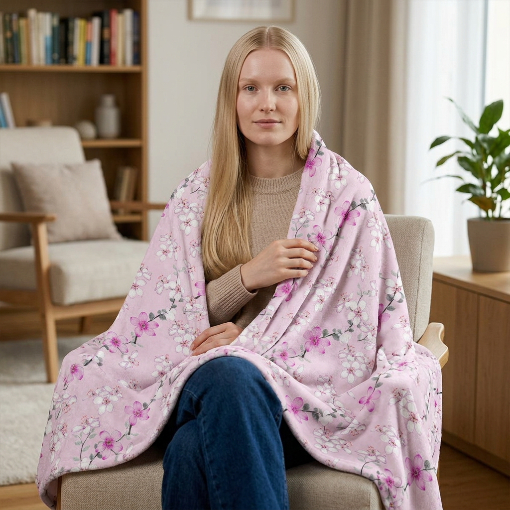 Floral Pink Cherry Blossom Minky Blanket