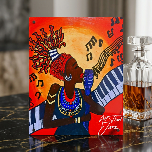Acrylic Wall Art Panel — Vibrant Jazz Singer Illustration (Colorful Music Notes, Bold Afrocentric Art)
