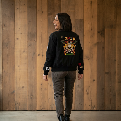 Skull Flames "Loner" Women's Bomber Jacket — Gothic Punk Graphic Outerwear