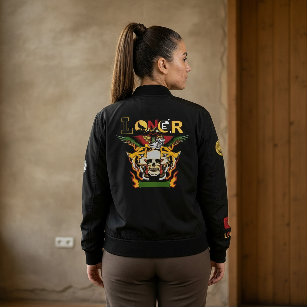 Skull Flames "Loner" Women's Bomber Jacket — Gothic Punk Graphic Outerwear