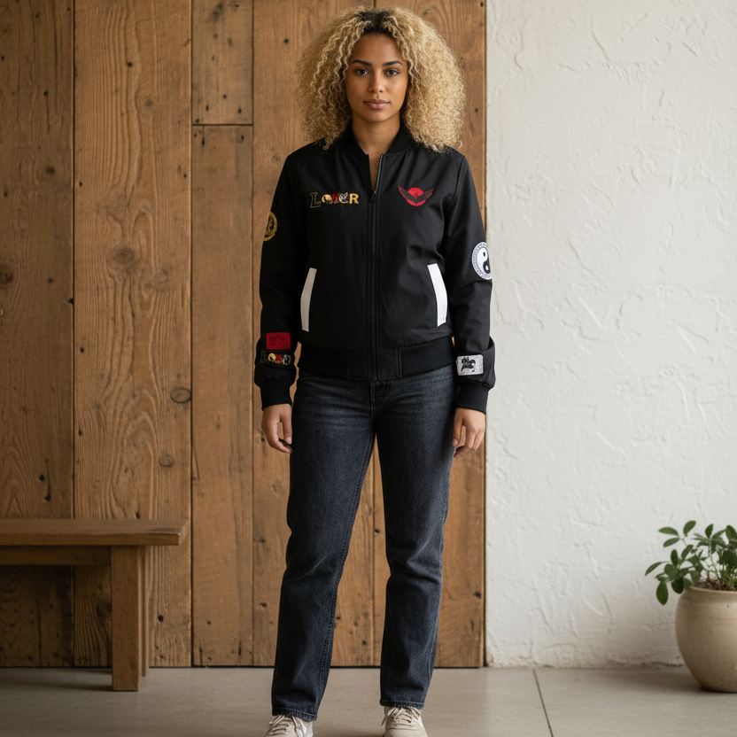 Skull Flames "Loner" Women's Bomber Jacket — Gothic Punk Graphic Outerwear
